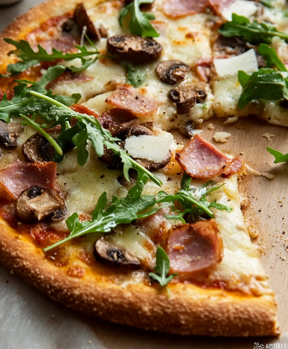 Blumen­kohl-Pizza mit Schin­ken, Cham­pi­gnons und Ru­co­la: So lecker und gesund!