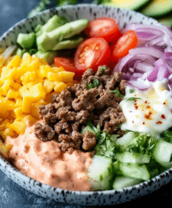 Iss den Regenbogen 🌈 – Bunt gemischte Low Carb Burger Bowl