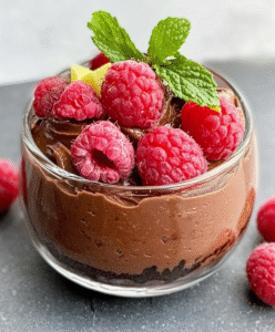 Keto-Schoko-Avocado-Mousse mit Himbeeren