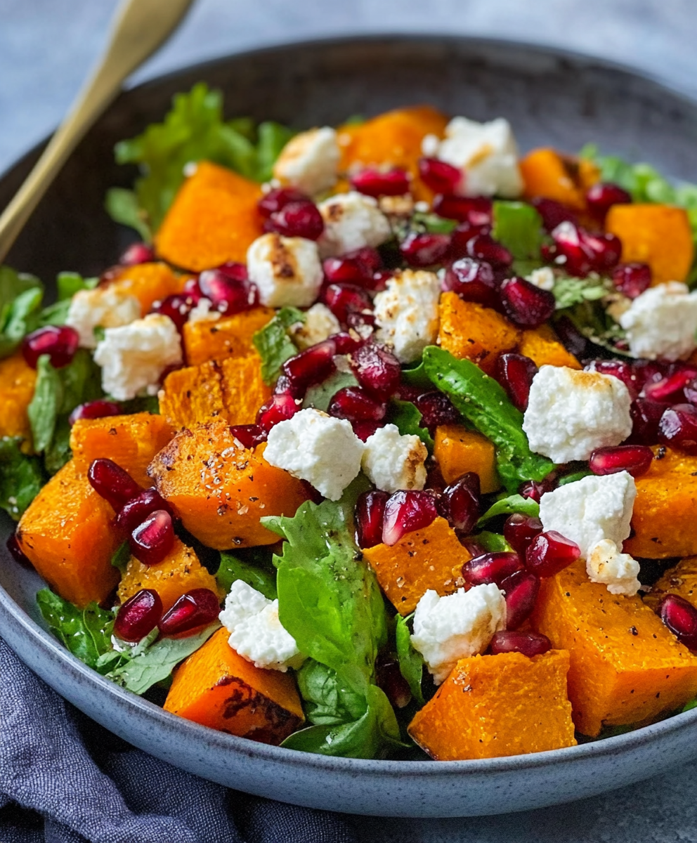 ketodiat 9 Ofenkürbis-Salat mit Granatapfeldressing und Ziegenkäse – Ein Genuss, den Sie lieben werden!