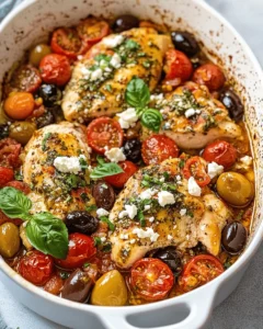 Low Carb Mediterranean Chicken Bake with Tomatoes and Olives First Image First Image