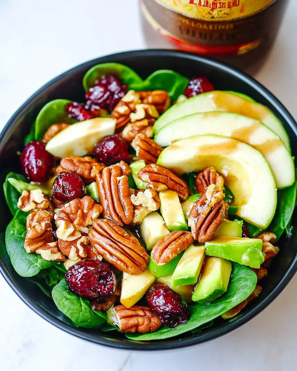 Apple, Pecan, Cranberry, and Avocado Spinach Salad with Balsamic Dressing